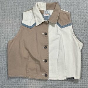 VTG 90’s Western Ethics Womens Tan Beige Blue Denim Vest Bling Zip Up Size XL